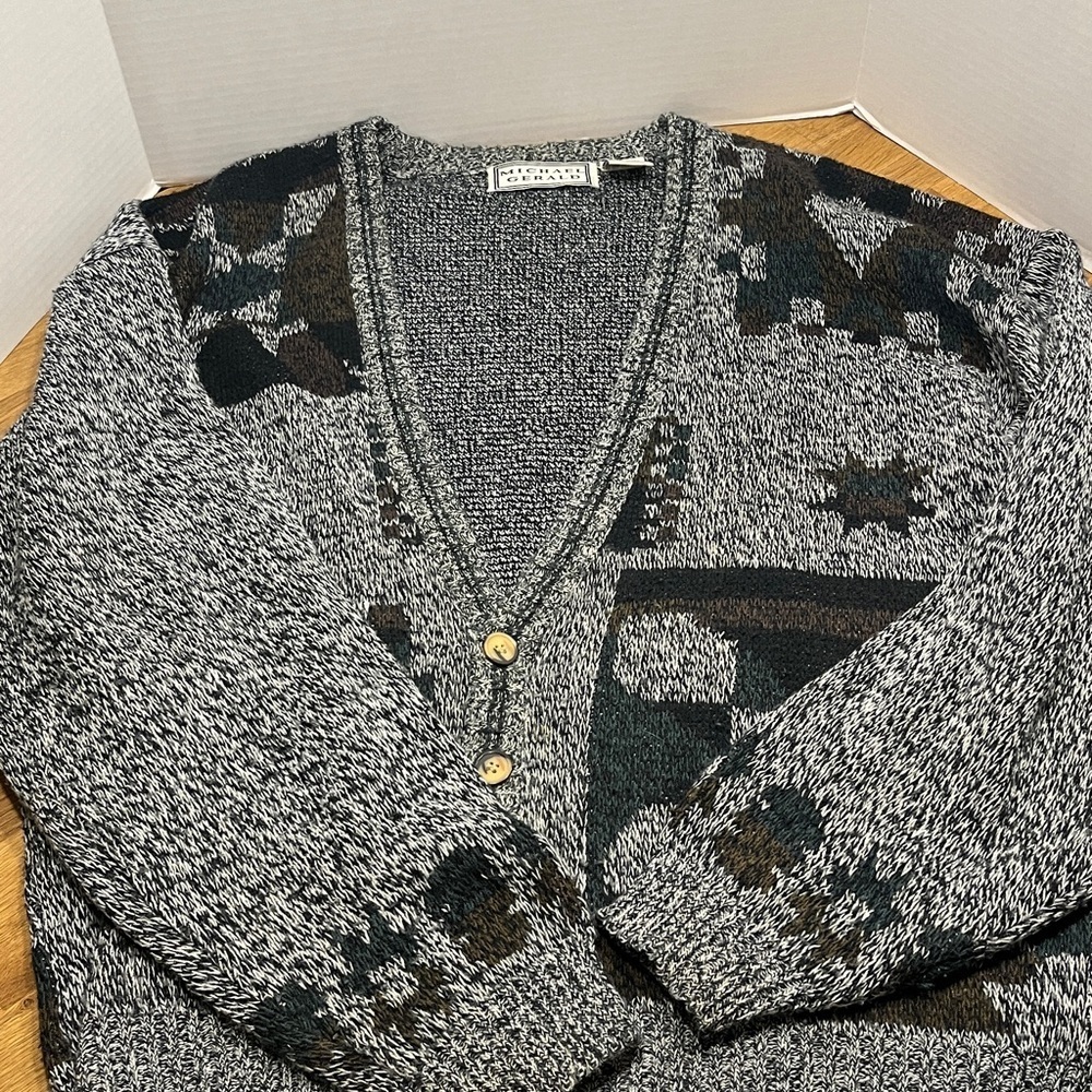 Vintage Michael Gerald Black/White Static w/ Geometric Prints Knit Cardigan XL